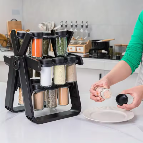 “360° Rotating Spice Rack with 18 Glass Jars & Labels – Space-Saving Kitchen Organizer”