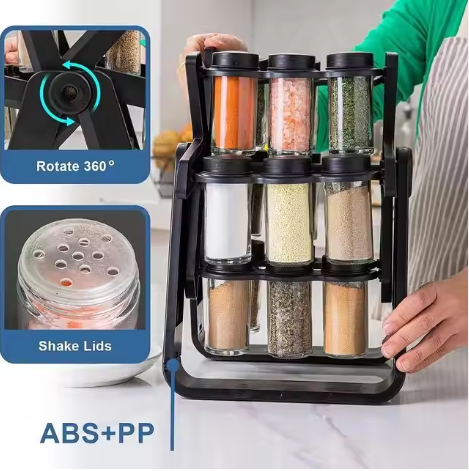 “360° Rotating Spice Rack with 18 Glass Jars & Labels – Space-Saving Kitchen Organizer”