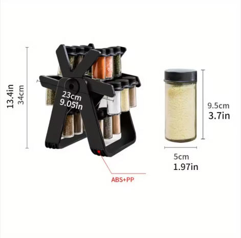 “360° Rotating Spice Rack with 18 Glass Jars & Labels – Space-Saving Kitchen Organizer”