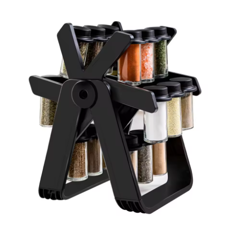 “360° Rotating Spice Rack with 18 Glass Jars & Labels – Space-Saving Kitchen Organizer”