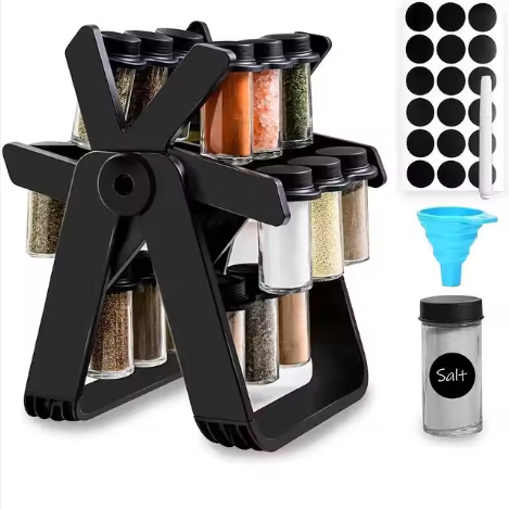 “360° Rotating Spice Rack with 18 Glass Jars & Labels – Space-Saving Kitchen Organizer”