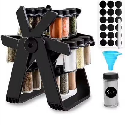 “360° Rotating Spice Rack with 18 Glass Jars & Labels – Space-Saving Kitchen Organizer”