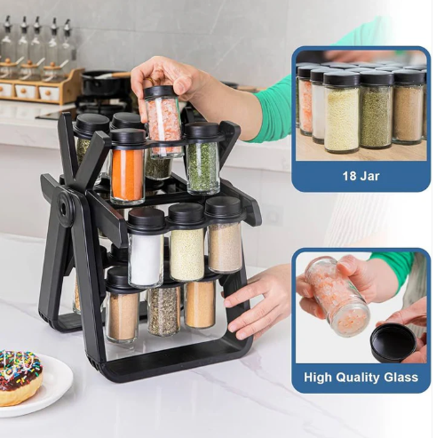 “360° Rotating Spice Rack with 18 Glass Jars & Labels – Space-Saving Kitchen Organizer”